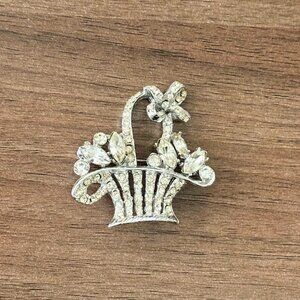 Vintage Silver Tone Rhinestone Flower Basket Brooch Mid-Century Floral Pin
